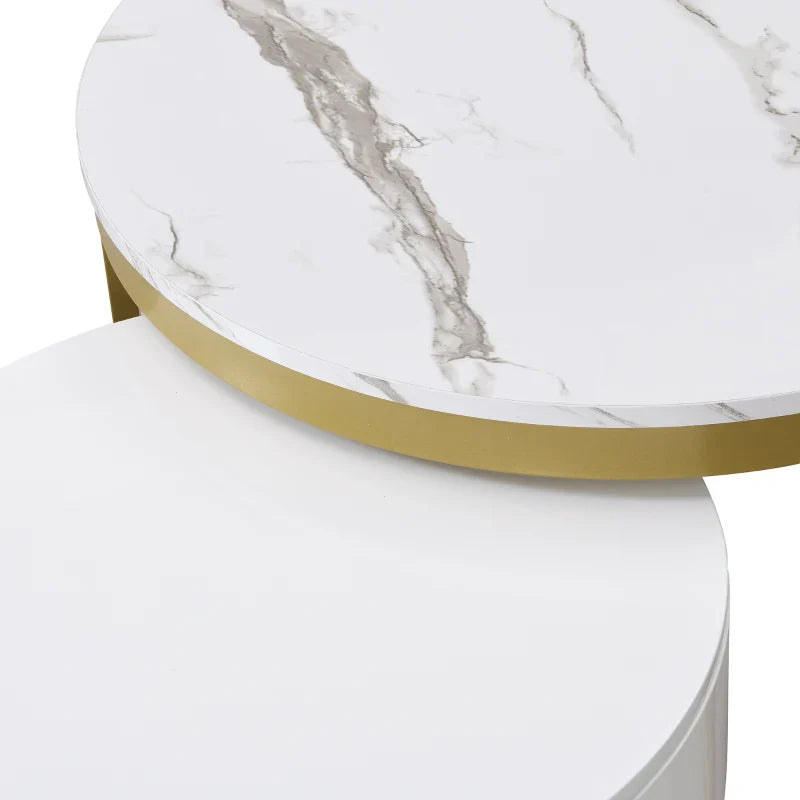 Rotating Round Marble Coffee Table Set, High Gloss Pattern with Golden Metal Frame, Set of 2, 70x70x45 cm + 50x50x38.5 cm, White