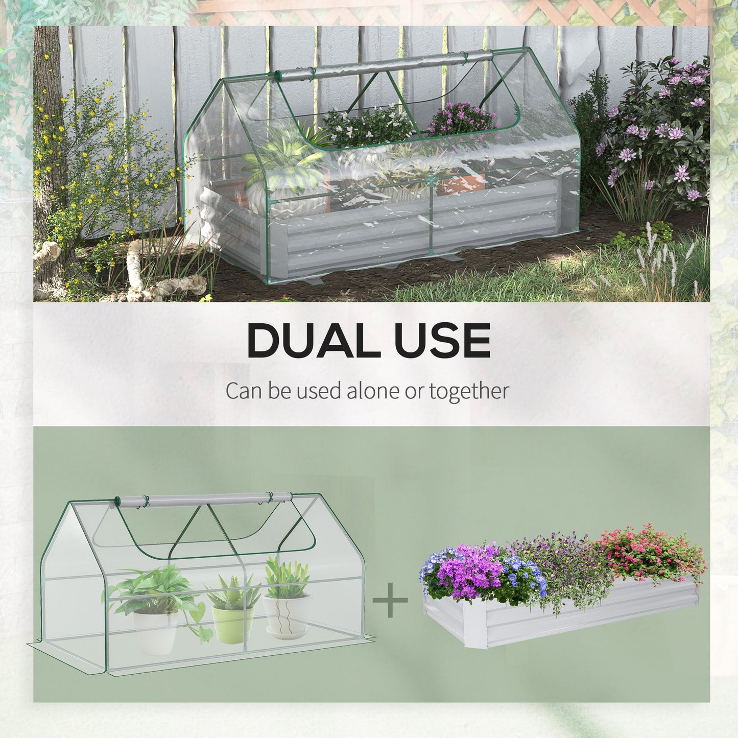 Outsunny Raised Garden Bed with Greenhouse, Steel Planter Box with Plastic Cover, Roll Up Window, Dual Use for Flowers, Vegetables, Fruits, Clear