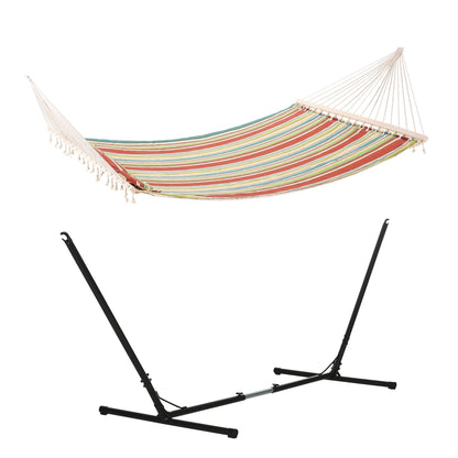 Garden Hammock with Stand, Double Cotton Hammock with Adjustable Steel Frame, Swing Hanging Bed with Pillow, for Garden, Patio, Beach, Red Stripes