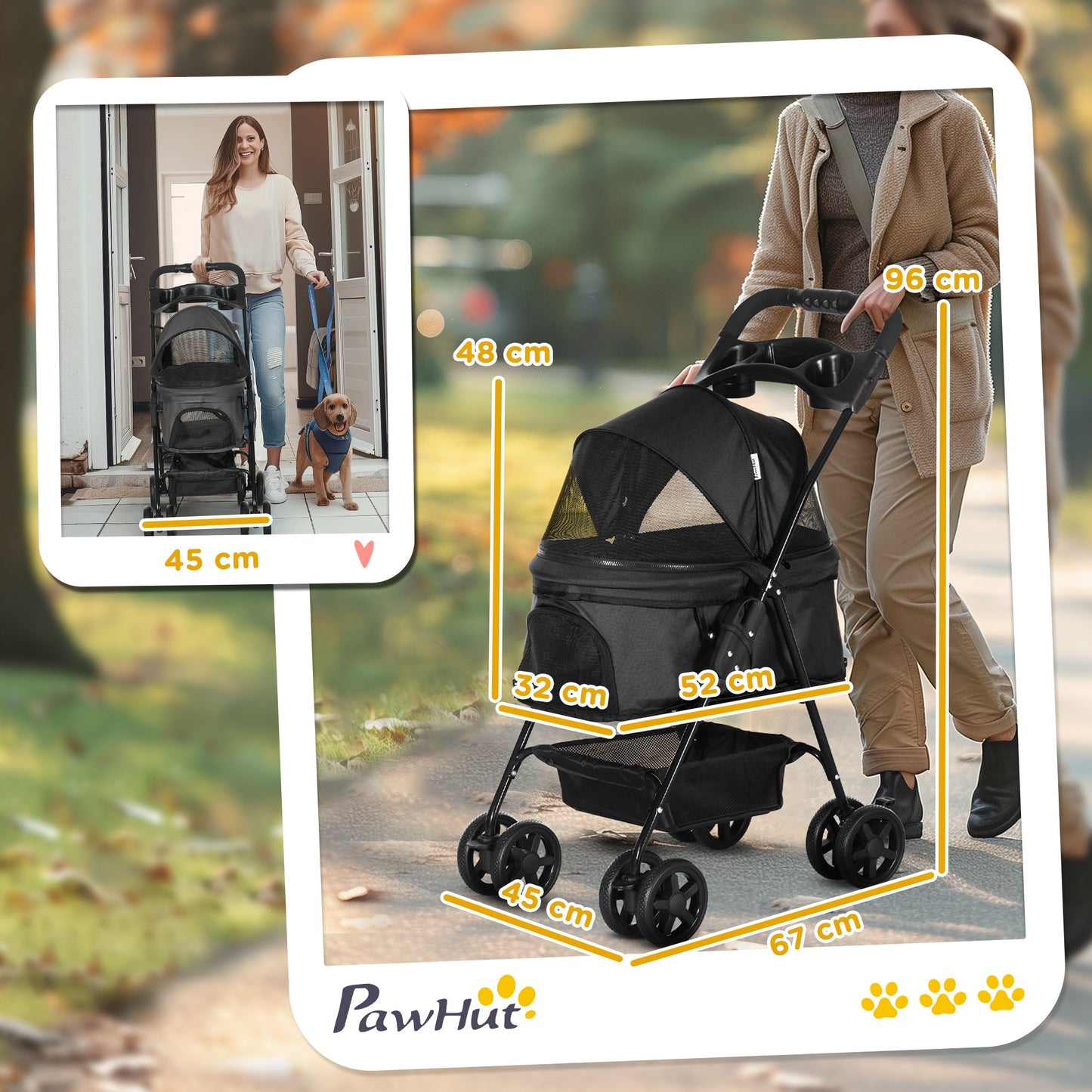 عربة أطفال قابلة للطي من PawHut Dog Pram للكلاب الصغيرة مع 4 عجلات ومقود أمان وحامل أكواب للكلاب الصغيرة، باللون الأسود