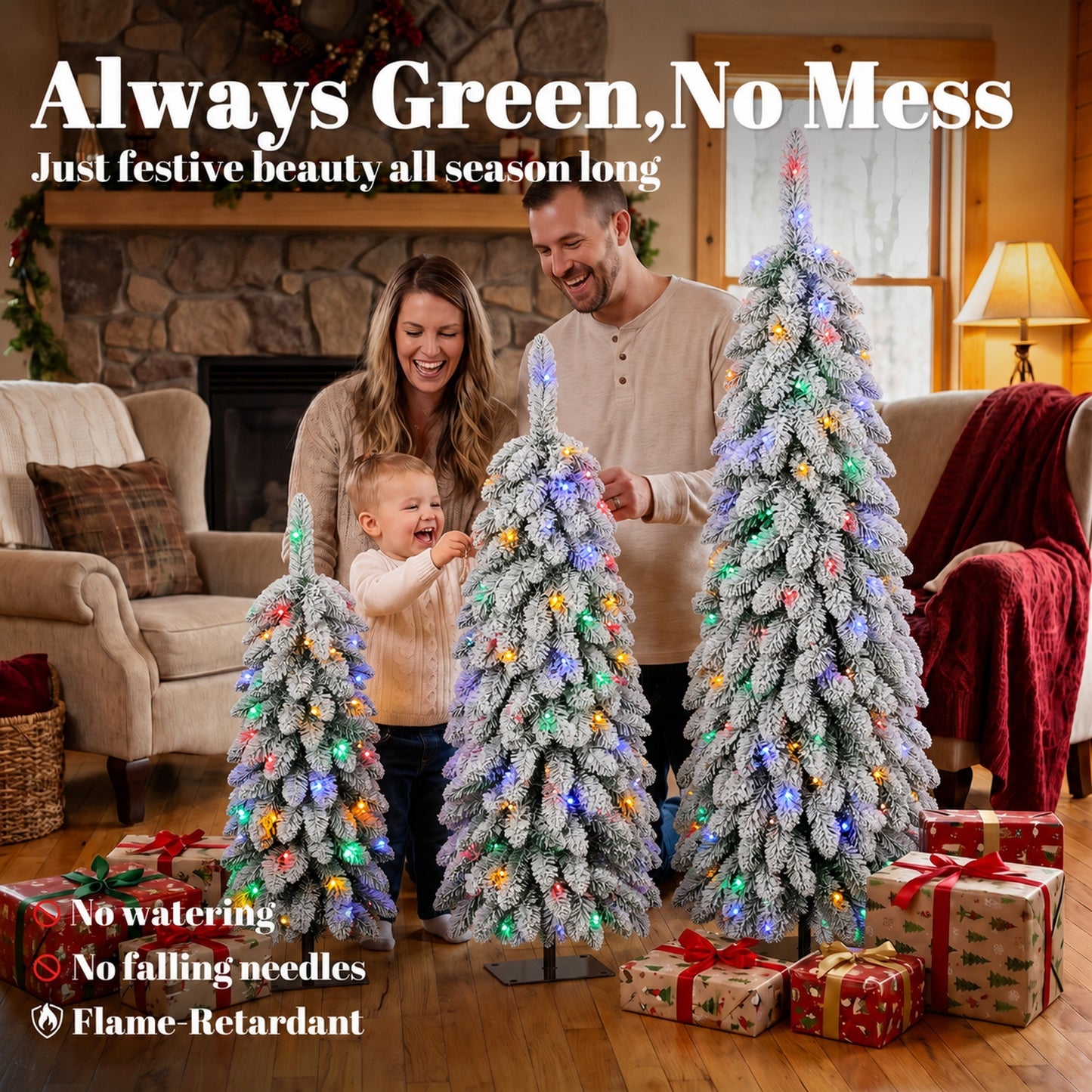 HOMCOM Artificial Christmas Tree Set of 3, Snowy Pre-Lit Christmas Tree with PVC Branch Tips, 90/120/150 cm, Green White