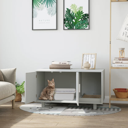 PawHut Wooden Cat Litter Box Enclosure & House with Nightstand/End Table Design, Scratcher, & Magnetic Doors, Grey