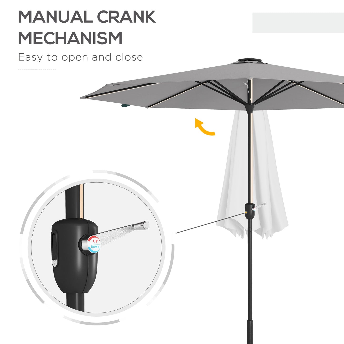 Outsunny Garden Parasol with LED Lights, Solar Charged Patio Umbrella with Crank Handle, for Outdoor, Light Grey