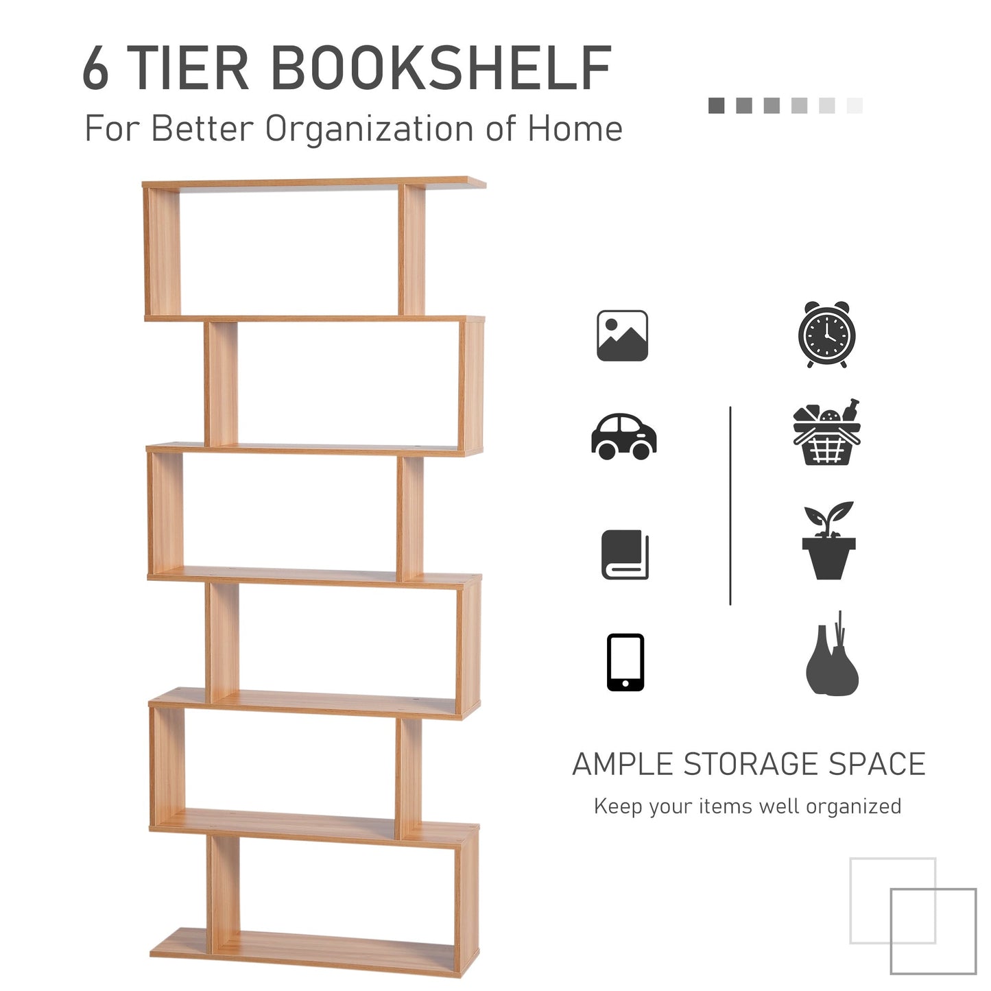 Wooden Wood S Shape Storage Display 6 Shelves Room Divider Unit Chest Bookshelf Bookcase Cupboard Cabinet Home Office Furniture (Maple)