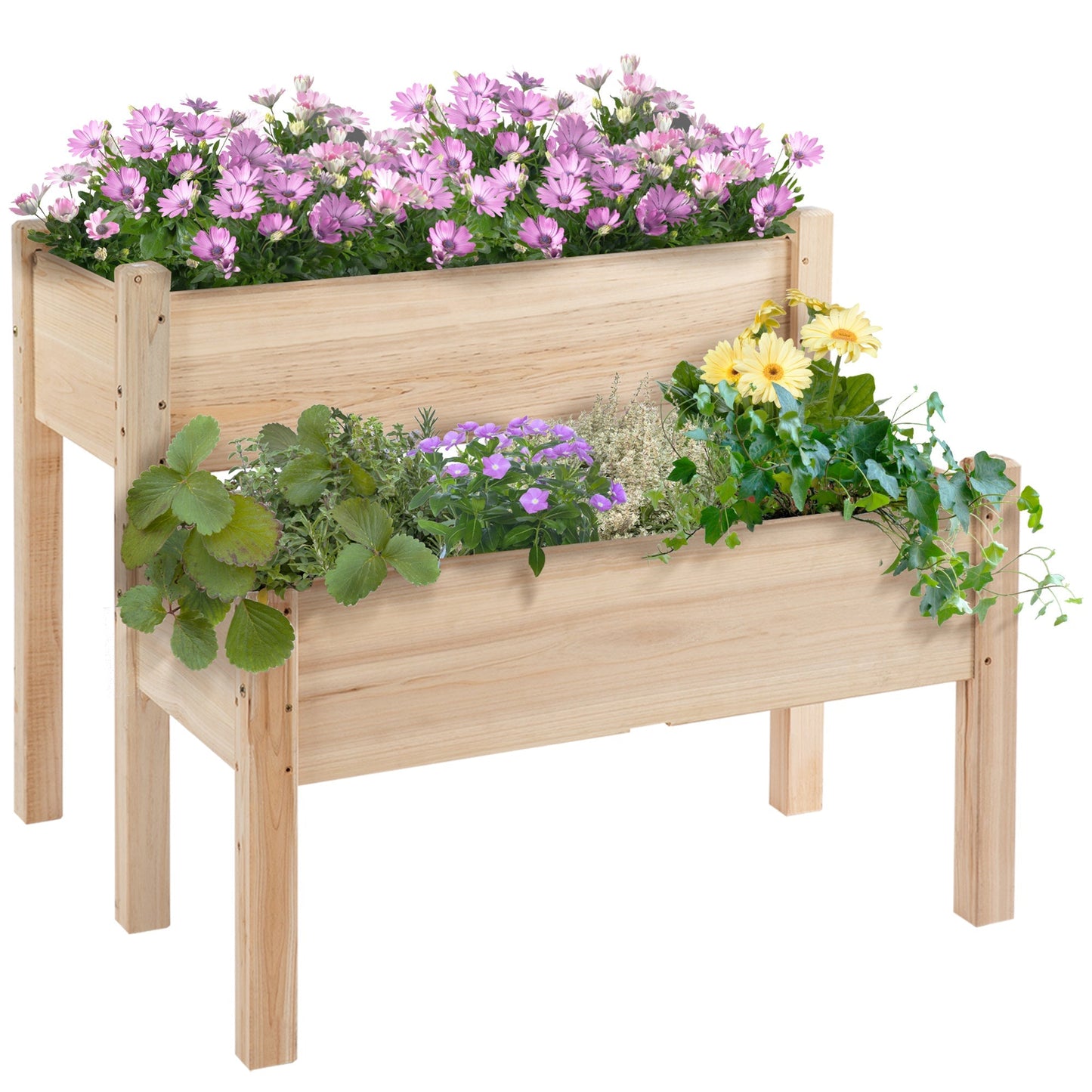 Outsunny 2-Piece Solid Fir Wood Plant Raised Bed Garden Flower Vegetable Herb Grow Box 86L x 85W x 72H cm Natural Wood Colour