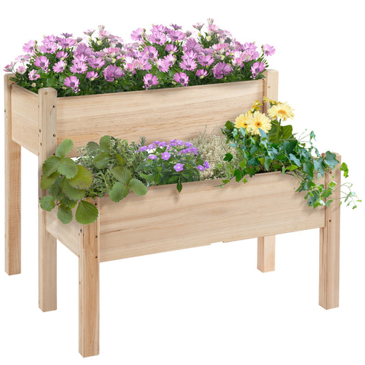 Outsunny 2-Piece Solid Fir Wood Plant Raised Bed Garden Flower Vegetable Herb Grow Box 86L x 85W x 72H cm Natural Wood Colour