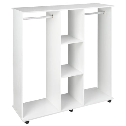 HOMCOM Open Wardrobe Double Mobile Storage Shelves Organizer W/6 Wheels-White