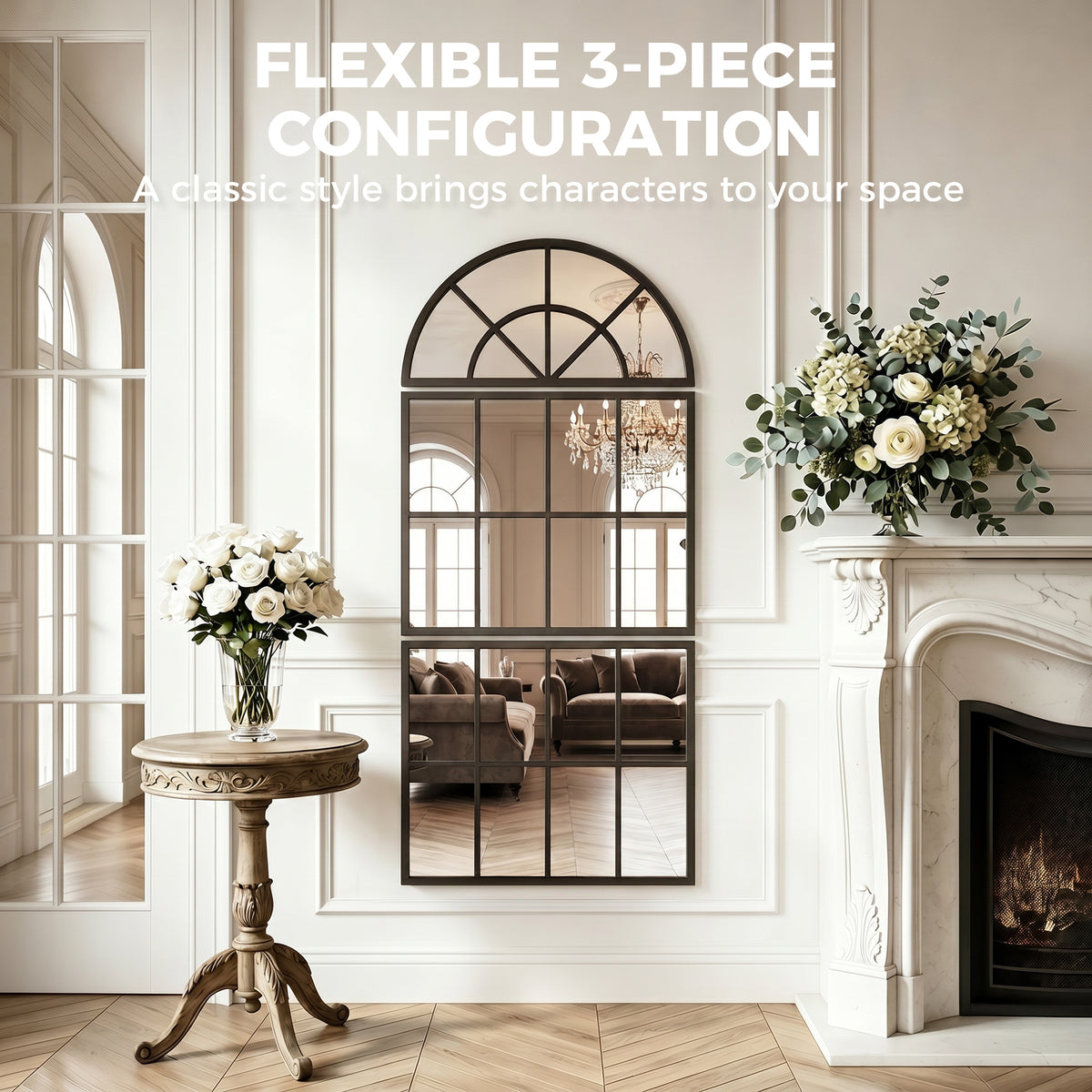 HOMCOM Large Arched Wall Mirror with Metal Grid, 3-Piece Split Window Mirrors, 120 x 54 cm, Black