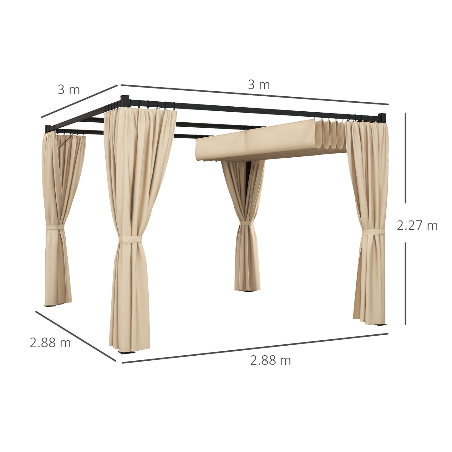 Outsunny 3 x 3(m) Rozsuwana pergola, altana ogrodowa z zasłonami, do grilla, na patio, pokład, beżowa