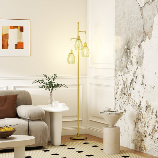 HOMCOM 3-Light Floor Lamp, 170cm Industrial Dimmable Standing Lamp with Steel Wire Cage Lampshades for Living Room, Bedroom, Dining Room, Study, Gold Tone