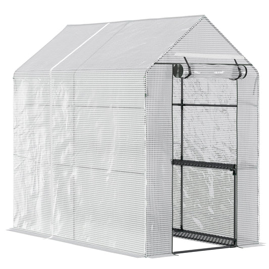 Outsunny Walk In Greenhouse z 2-poziomowymi półkami, zwijane drzwi z panelem Zip, ogrodowy tunel foliowy Steeple Grow House na zewnątrz, 6 x 4 x 6 stóp, biały
