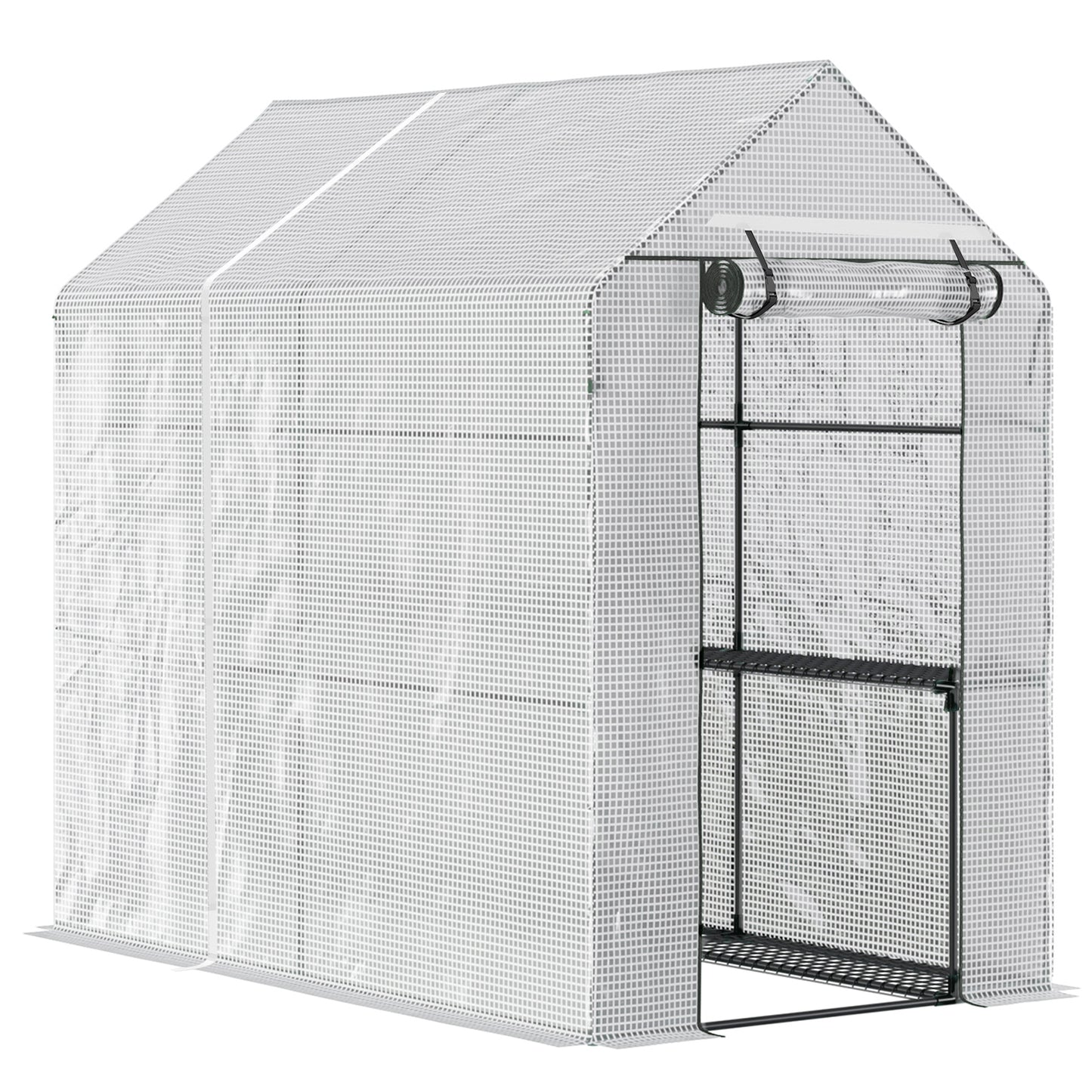 Outsunny Walk In Greenhouse z 2-poziomowymi półkami, zwijane drzwi z panelem Zip, ogrodowy tunel foliowy Steeple Grow House na zewnątrz, 6 x 4 x 6 stóp, biały
