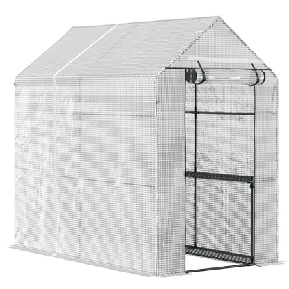 Outsunny Walk In Greenhouse z 2-poziomowymi półkami, zwijane drzwi z panelem Zip, ogrodowy tunel foliowy Steeple Grow House na zewnątrz, 6 x 4 x 6 stóp, biały