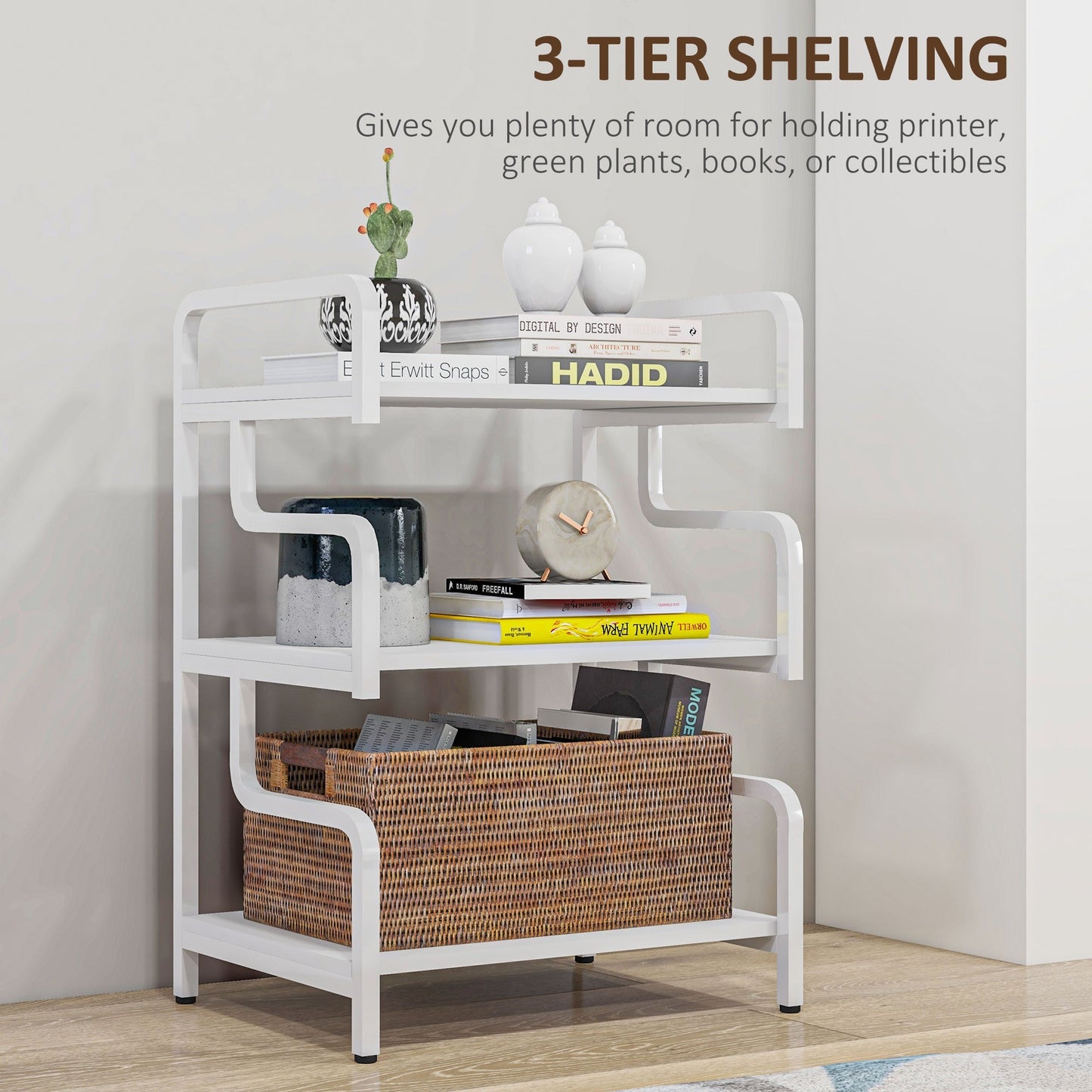 3-Tier Storage Shelves, Metal Shelving Unit, Industrial Printer Table for Home Office, Display Rack for Living Room, White