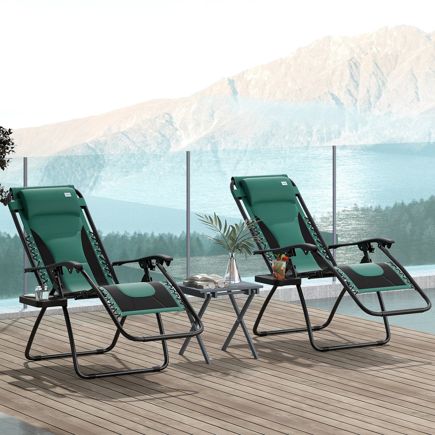 Outsunny Zero Gravity Lounger Chair Set of 2, składany rozkładany fotel ogrodowy z wyściełanym siedziskiem, uchwytem na kubek, miękką poduszką i zagłówkiem do użytku przy basenie, kempingowy, zielony