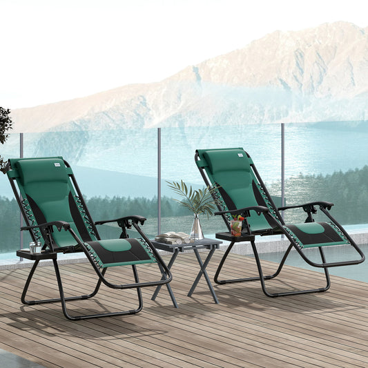 Outsunny Zero Gravity Lounger Chair Set of 2, składany rozkładany fotel ogrodowy z wyściełanym siedziskiem, uchwytem na kubek, miękką poduszką i zagłówkiem do użytku przy basenie, kempingowy, zielony