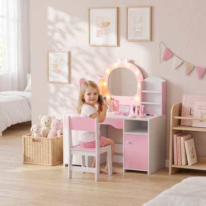 AIYAPLAY Kids Vanity Set, Kids Dressing Table with Stool, 2-Colour Lights Mirror, Cabinet, Drawer and Shelves, Pink