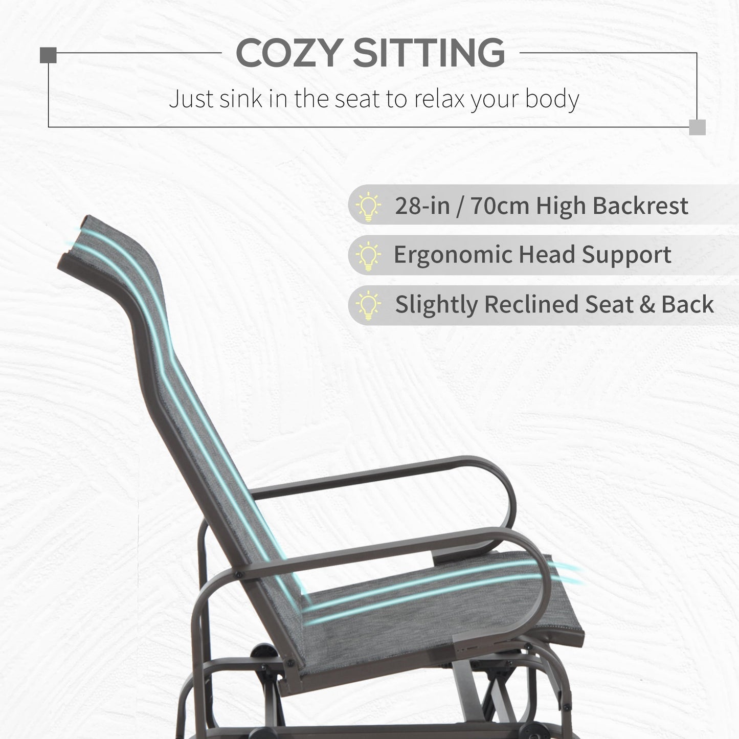 Outsunny Outdoor Gliding Rocking Chair with Sturdy Metal Frame Garden Comfortable Swing Chair, Grey & Brown