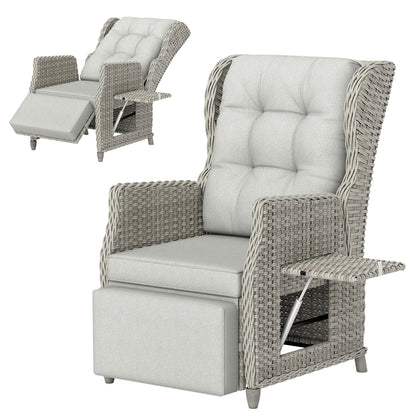 Outsunny Rattan Garden Recliner Chair, Reclining Garden Chair with Adjustable Back and Footrest, Flip Table, Cushion, Light Grey