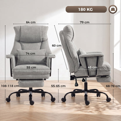 HOMCOM Office Chair, 180kg Heavy Duty Linen Computer Desk Chair with Lumbar Support, Wide Seat, Spring Cushion, Grey