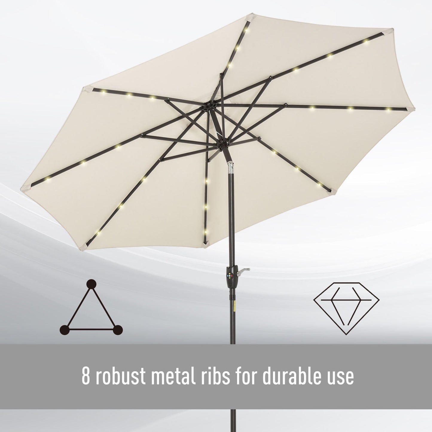 Outsunny 2,7 ​​m Parasol ogrodowy z 24 diodami LED, solarny, uchylny, na patio, klubowy, imprezowy, ręczny, z korbą i 8 żebrami, w kolorze złamanej bieli
