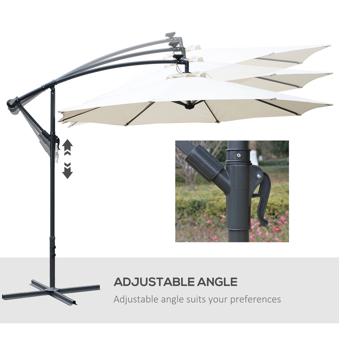 مظلة حديقة Outsunny 3(m) LED Cantilever Parasol Banana Garden مع أضواء شمسية، ومقبض كرنك وقاعدة متقاطعة، ومظلة شمسية معلقة، باللون الأبيض الفاتح