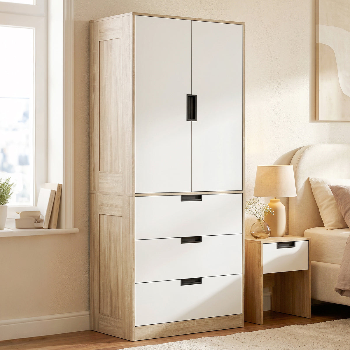 HOMCOM Modern Clothes Storage Cupboard Unit, 3 Drawer 2 Door Wardrobe with Hanging Rod, Oak