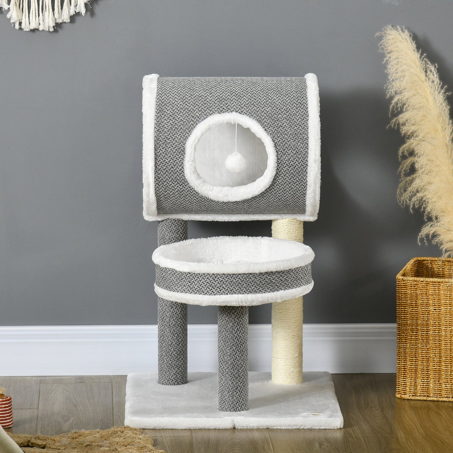 PawHut Cat Tree for Indoor Cats with Scratching Post, Bed, Tunnel, Toy Ball, 48 x 48 x 73 cm, White