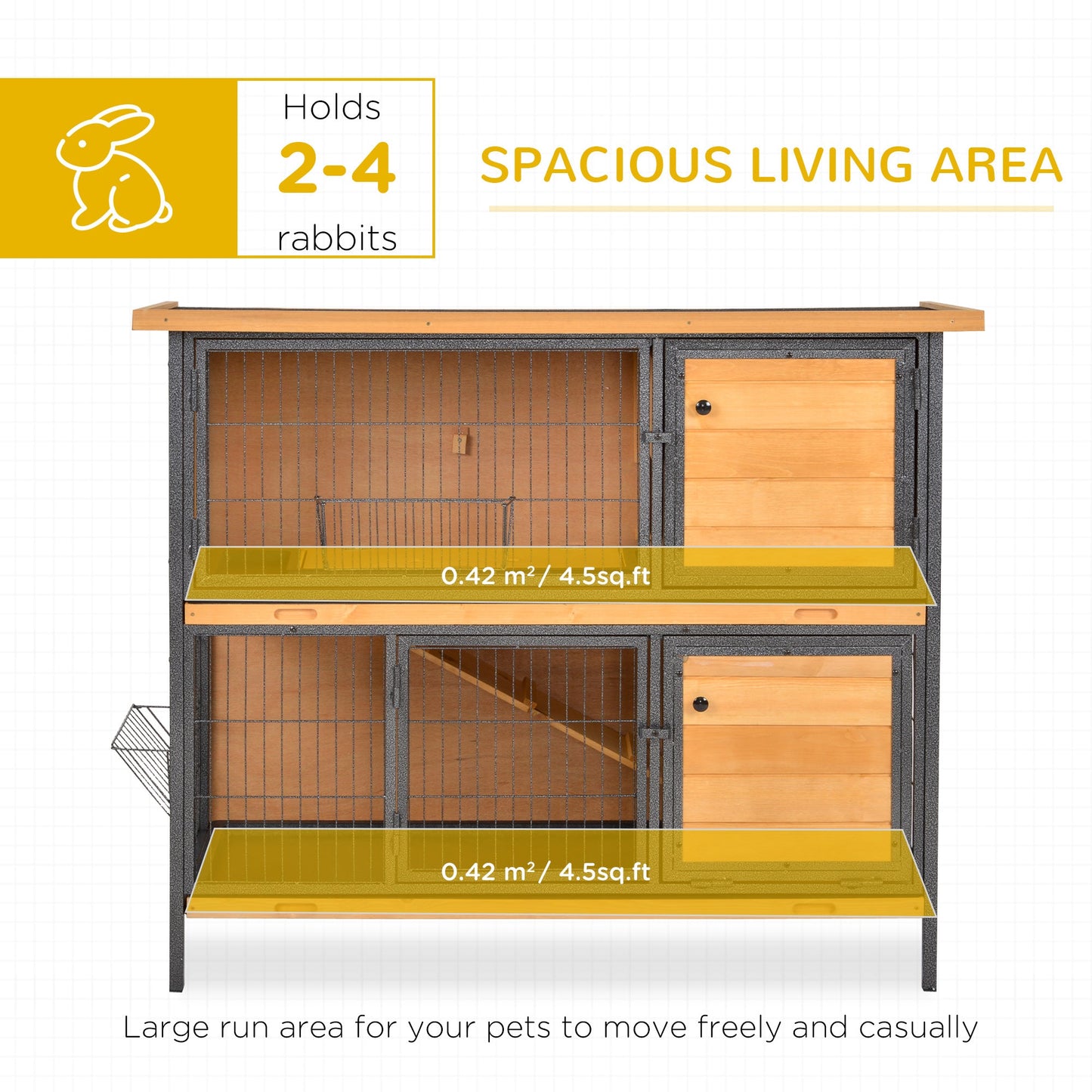 PawHut Rabbit Hutch Outdoor Guinea Pig Hutch Bunny Cage Metal Frame with No-Leak Tray Openable Roof Light Yellow 122 x 50 x 101cm