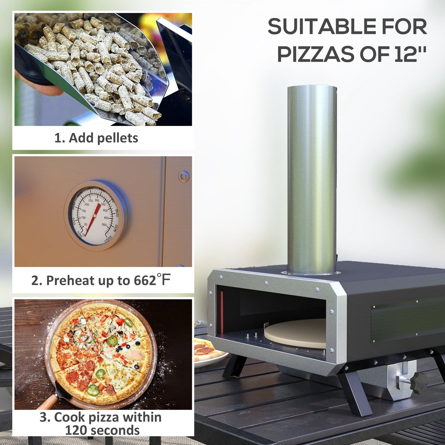 Portable Wood Fired Pellet Pizza Oven Maker with 12" / 30cm Rotating Pizza Stone, Peel and Cover & Thermometer - Outdoor Garden Cooking