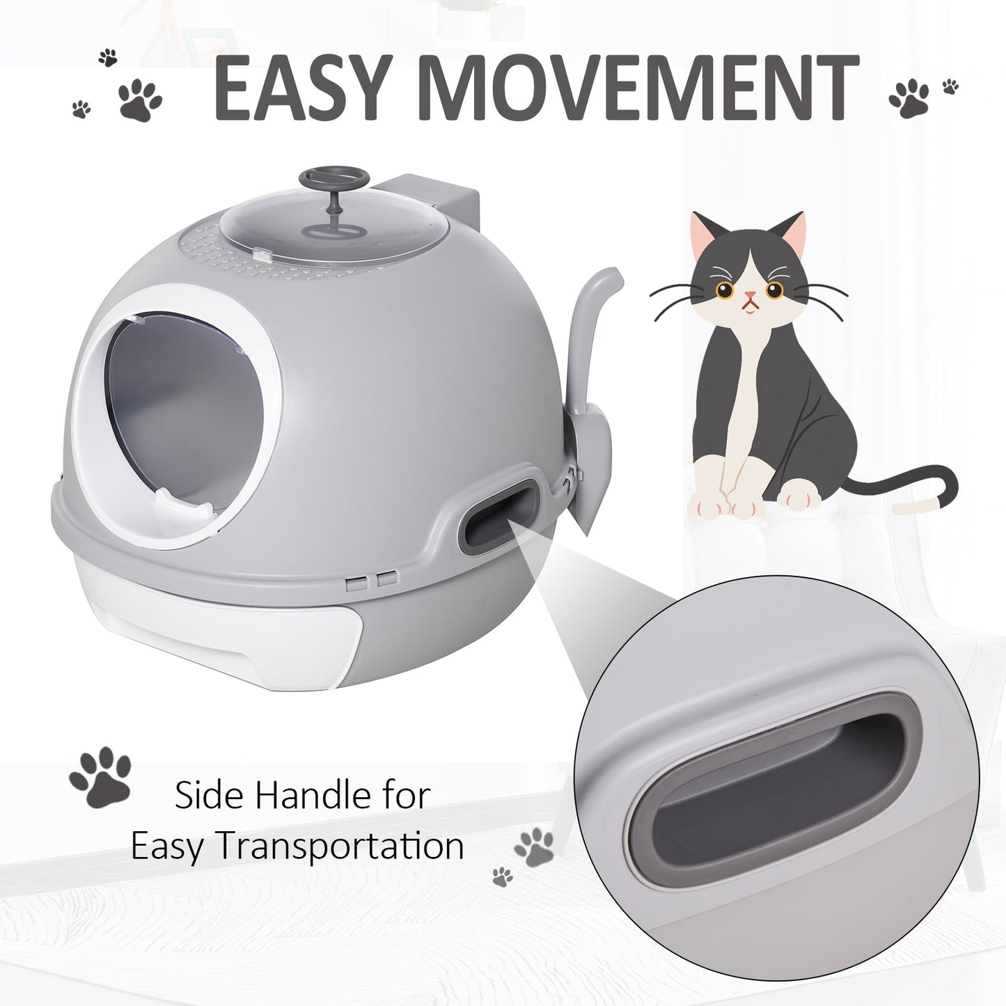 PawHut Cat Litter Box Toilet With Litter Scoop Enclosed Drawer Skylight Easy To Clean Grey