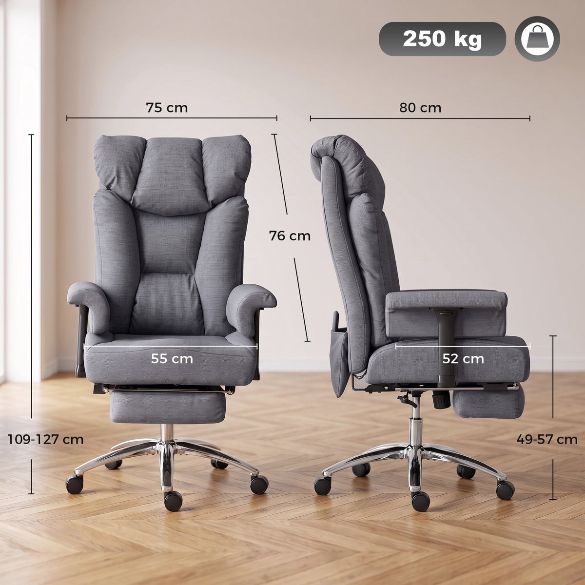 HOMCOM 250 kg Big and Tall Massage Office Chair with Heat, High Back, Height Adjustable Linen Executive Desk Chair, Dark Grey