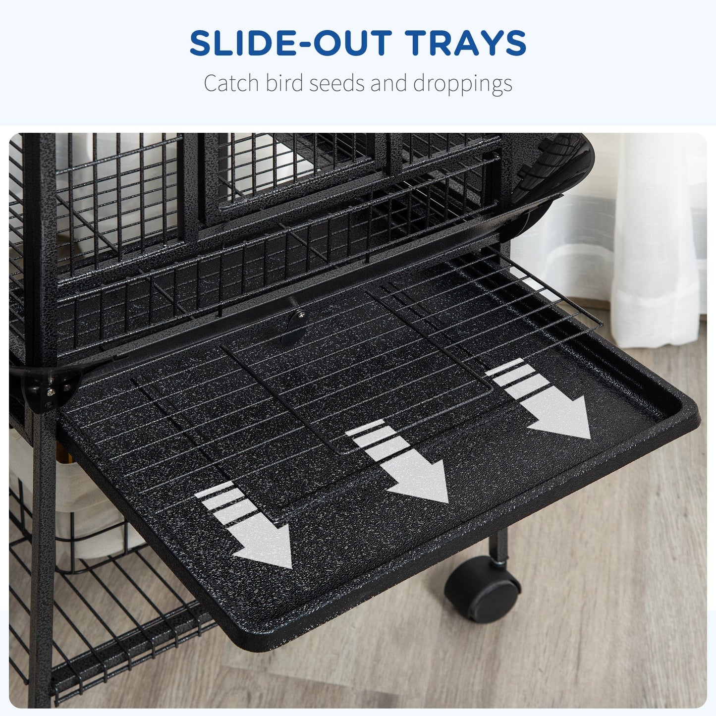 PawHut 156cm Bird Cage,Large Parrot Cage with Open Play Top, Perch, Seed Guard, Wheels, Storage Shelf, Dark Grey