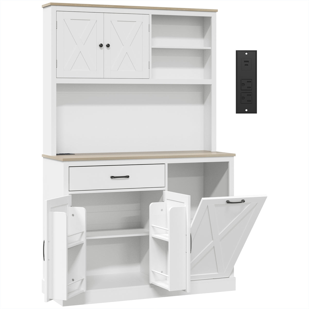 HOMCOM Pantry Cabinet with Charging Station, Microwave Stand, Rubbish Bin Cabinet, Adjustable Shelves, Barn Style Doors, White