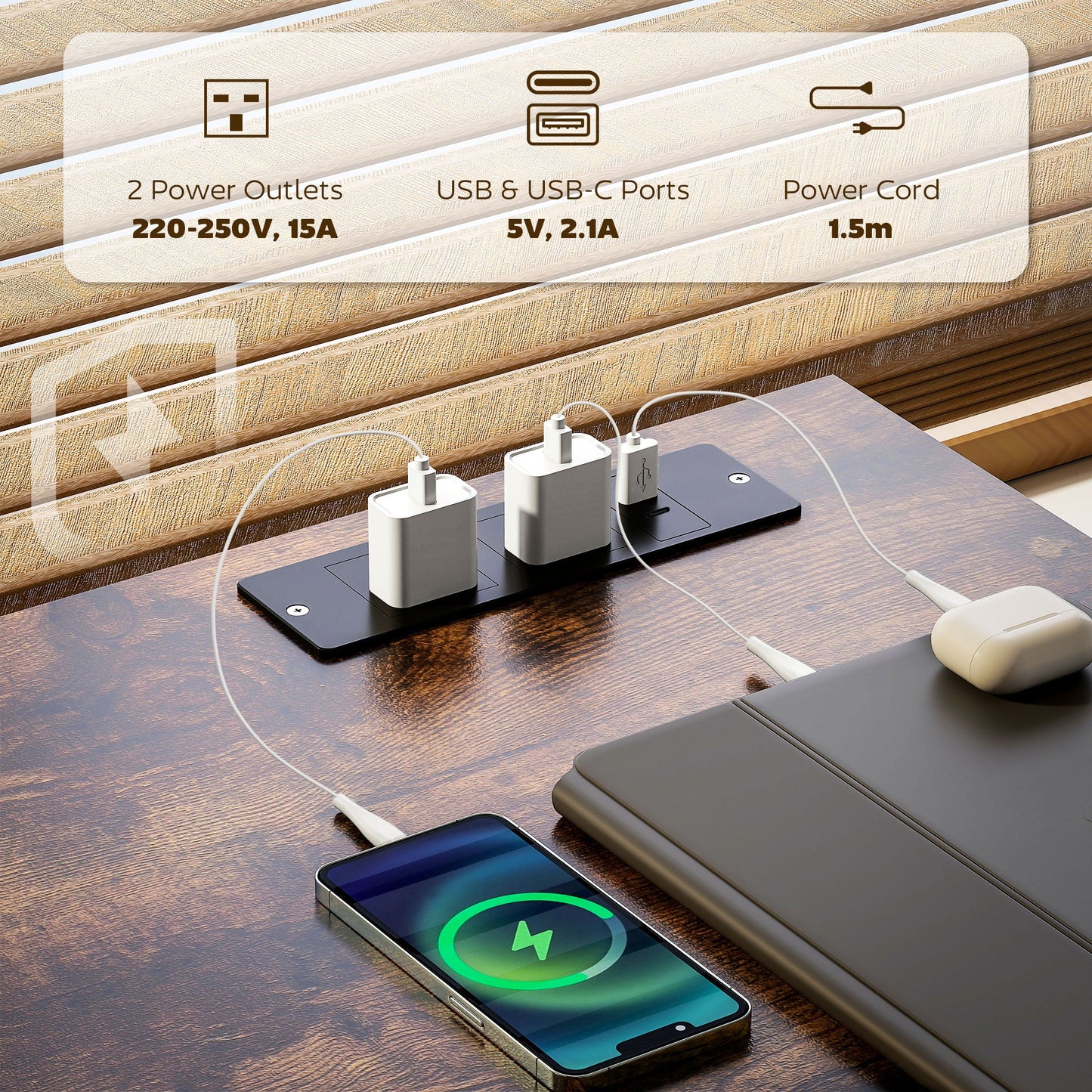Biurko komputerowe HOMCOM 120 cm z gniazdkami elektrycznymi, biurko do nauki z szufladami z tkaniny i półkami do przechowywania, rustykalny brąz