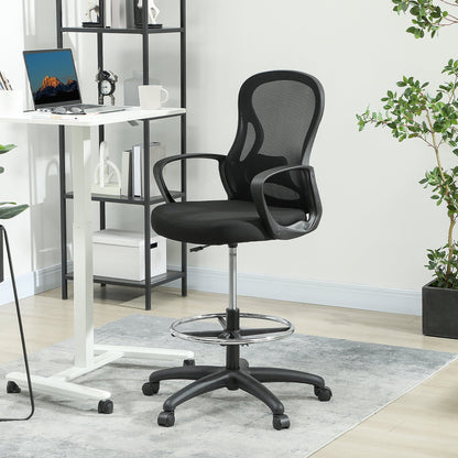 Vinsetto Drafting Chair with Adjustable Footrest, Ergonomic Mesh Office Chair with Lumbar Support, Adjustable Height for Standing Desk, Black