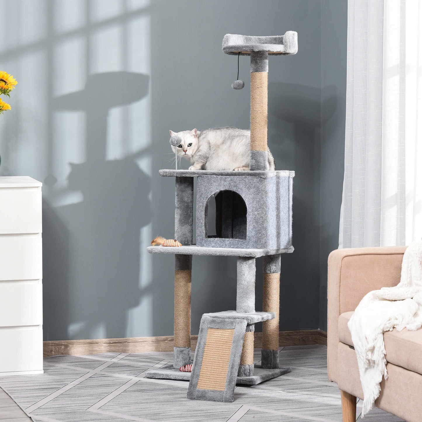 PawHut Cat Tree Tower for Indoor Cats 142cm Climbing Kitten Activity Center with Jute Scratching Post Board Perch Roomy Condo Removable Felt Hanging Toy, Grey