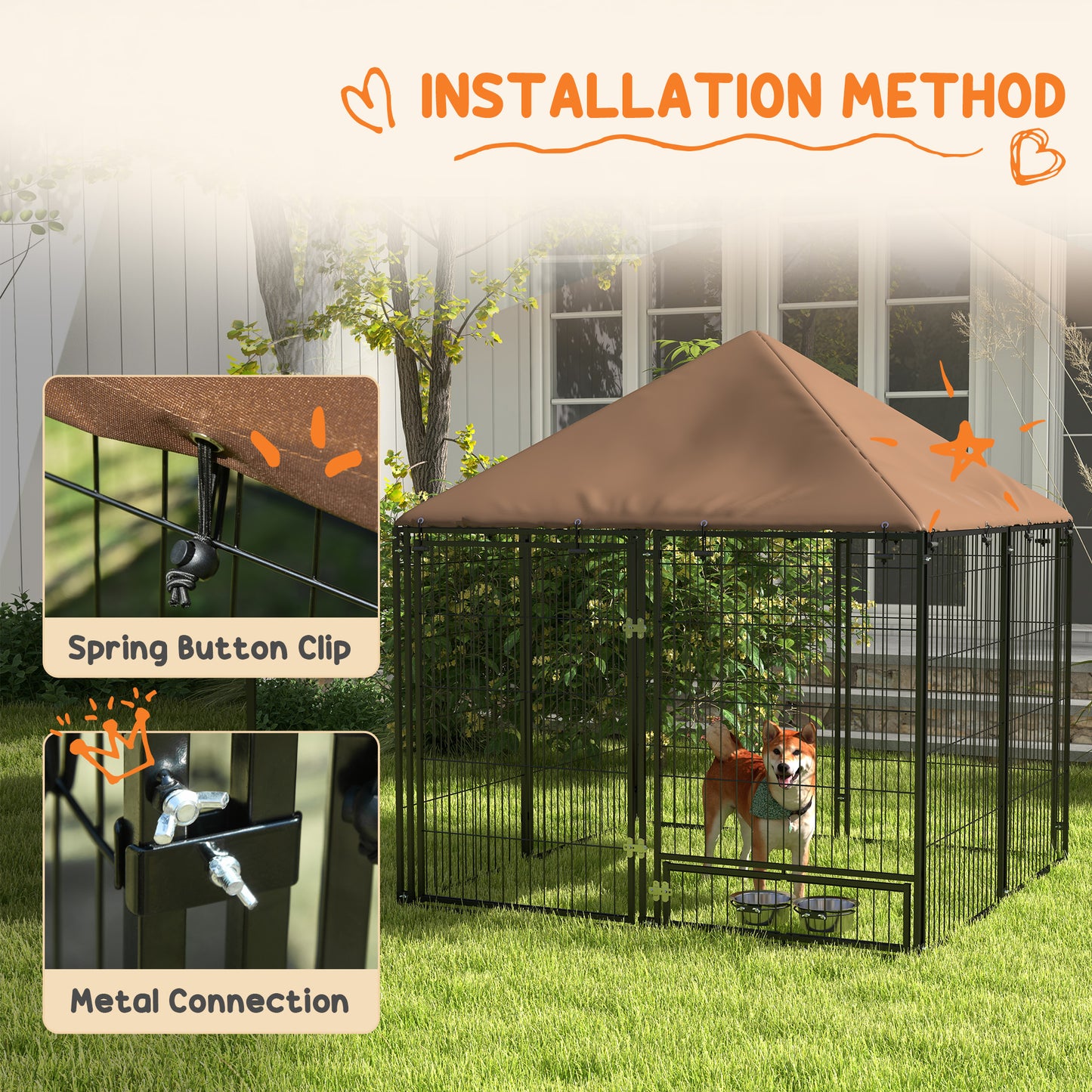 PawHut Outdoor Dog Kennel Puppy Play Pen z baldachimem Garden Playpen Fence Crate Enclosure Cage Rotating Bowl 141 x 141 x 151 cm
