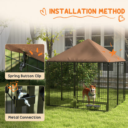 PawHut Outdoor Dog Kennel Puppy Play Pen z baldachimem Garden Playpen Fence Crate Enclosure Cage Rotating Bowl 141 x 141 x 151 cm
