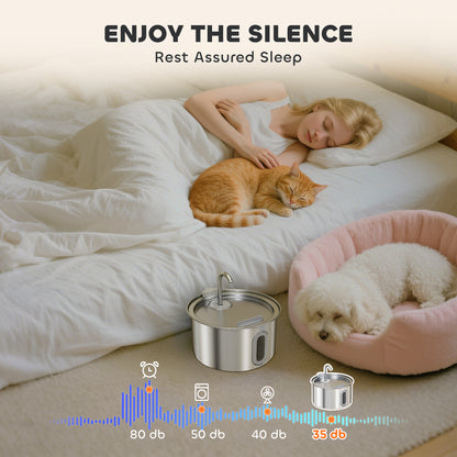 PawHut 2.5L Stainless Steel Cat Water Fountain for Drinking with Ultra-Silent Pump, Water-Level Window, Filters