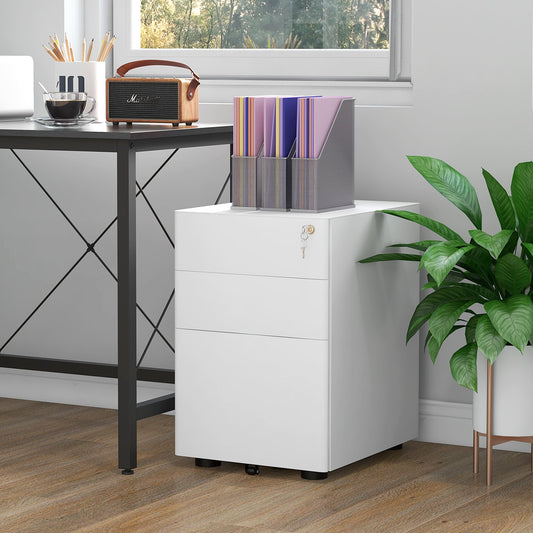 Vinsetto Lockable Cabinet, Rolling Filing Cabinet with 3 Drawers, Steel Office Drawer Unit for A4, Letter, Legal Sized Files-White