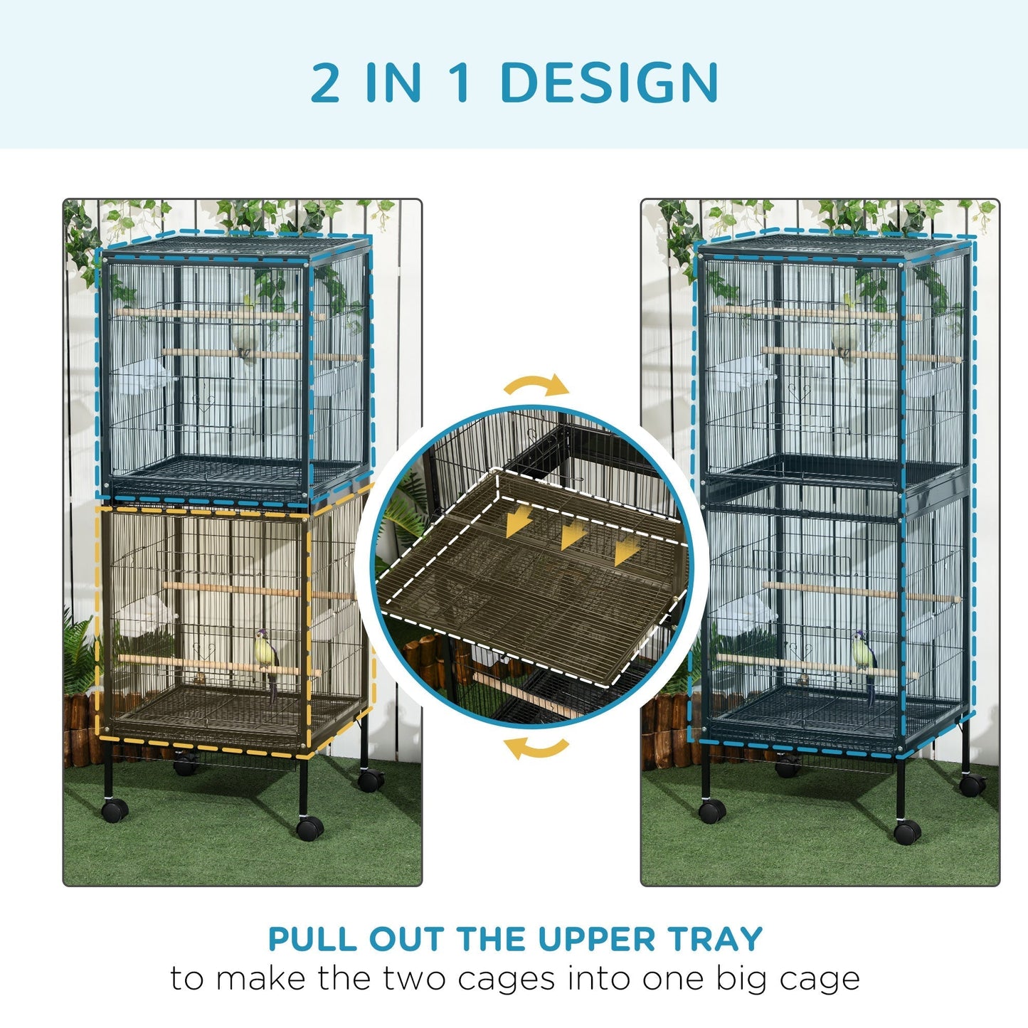 PawHut Bird Cage Budgie Cage 2 In 1 Large Aviary with Wheels Removable Trays for Finch Canaries Cockatiels Black
