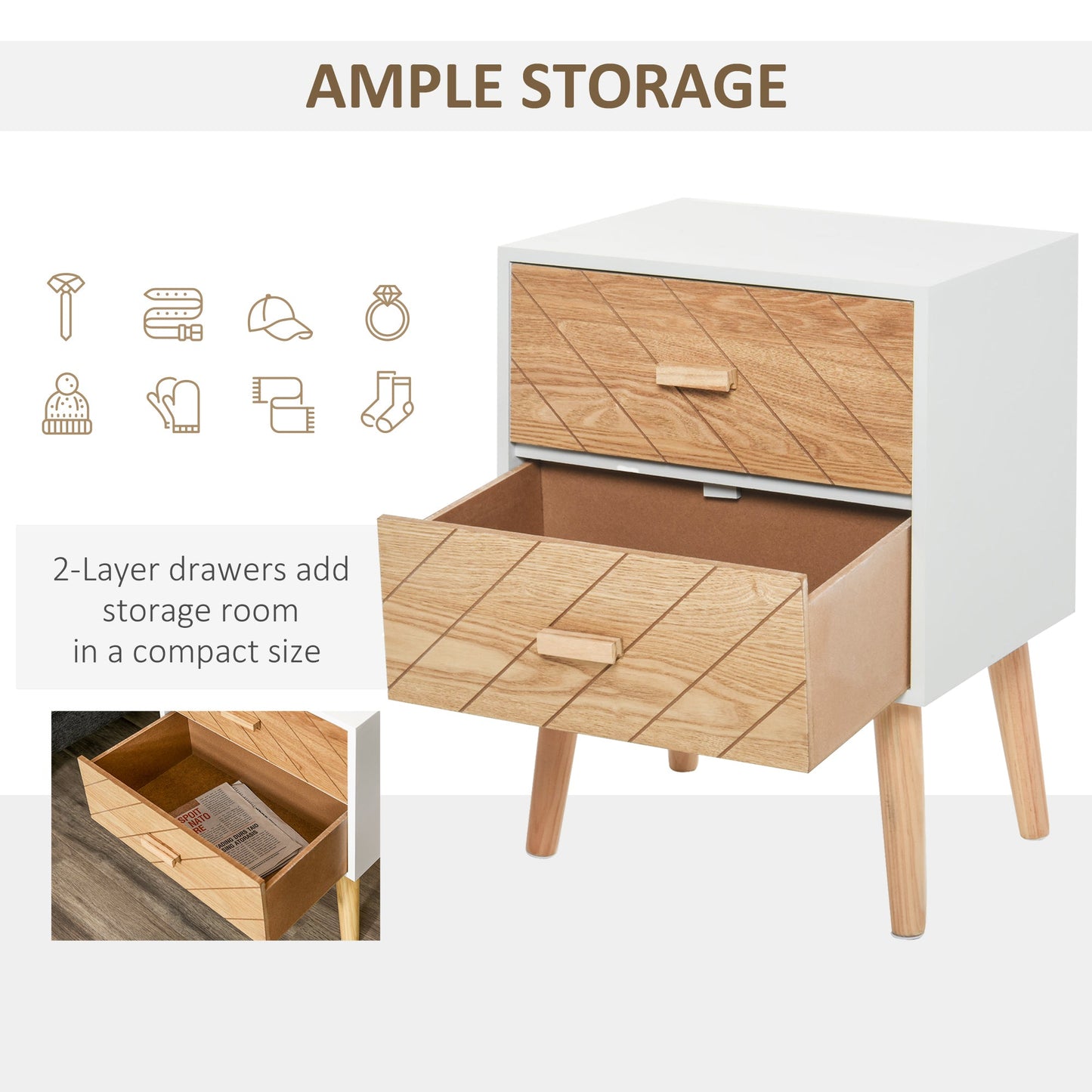 HOMCOM 2 Drawers Bedside Table with Pine Legs, Bedroom Wooden Storage Cabinet, Natural