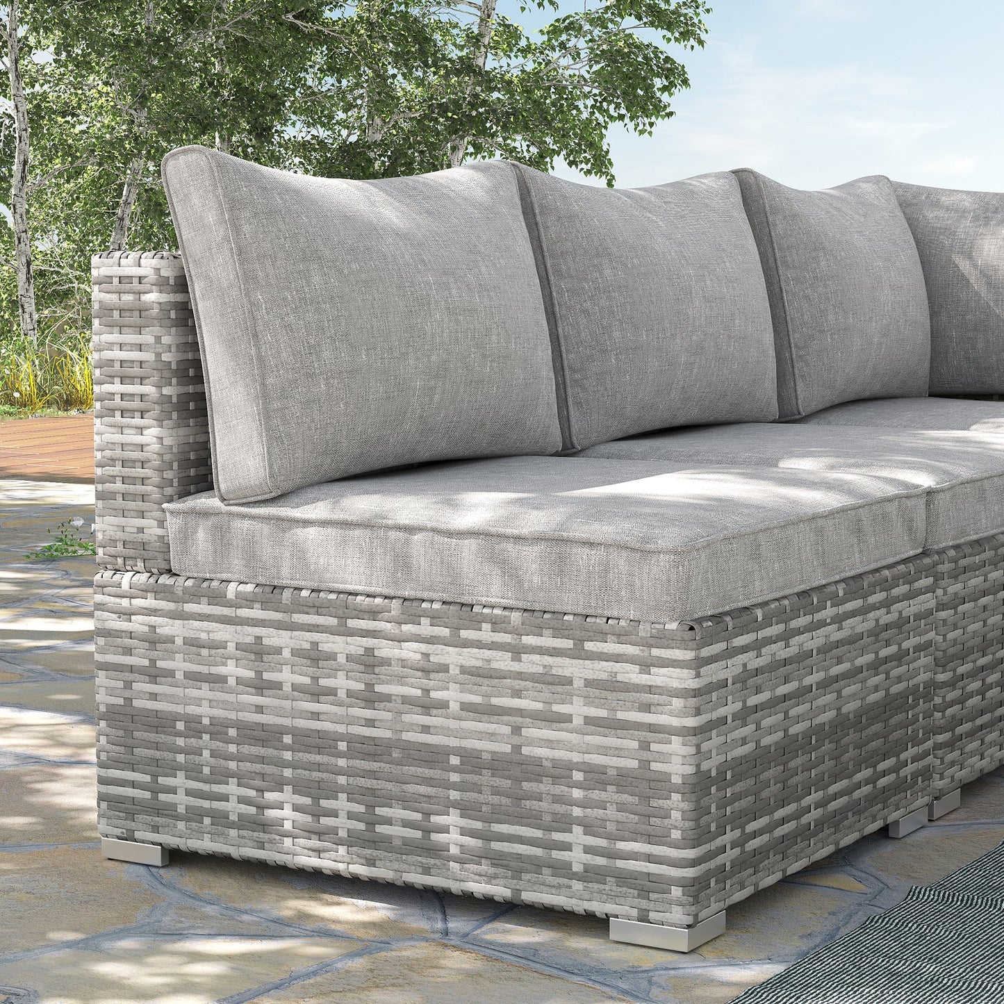 Outsunny Outdoor Garden Furniture Rattan Single Middle Sofa with Cushions for Backyard Porch Garden Poolside Light Grey