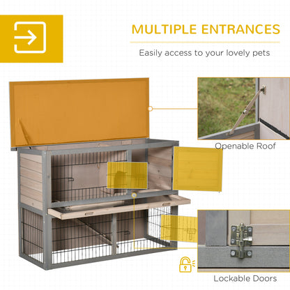 PawHut 2 Tier Wooden Rabbit Hutch Guinea Pig House Bunny Cage Backyard w/ Ramp Outdoor Run Built-in Tray Openable Roof Small Animal House Brown, 108 x 45 x 78 cm