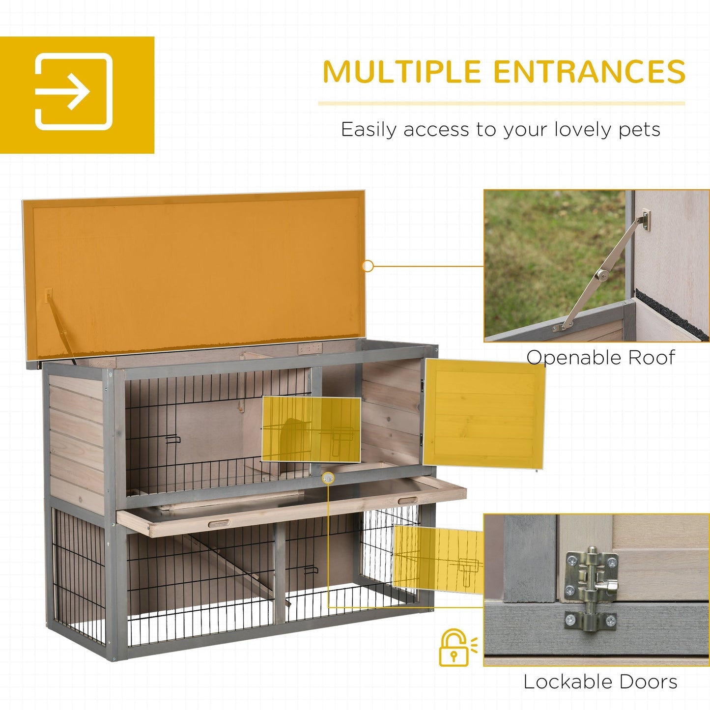 PawHut Rabbit Hutch Bunny Cage Small Animal House with Sliding Tray, Run, Openable Top, Ramp, for Indoor Outdoor, Grey 108x45x78 cm