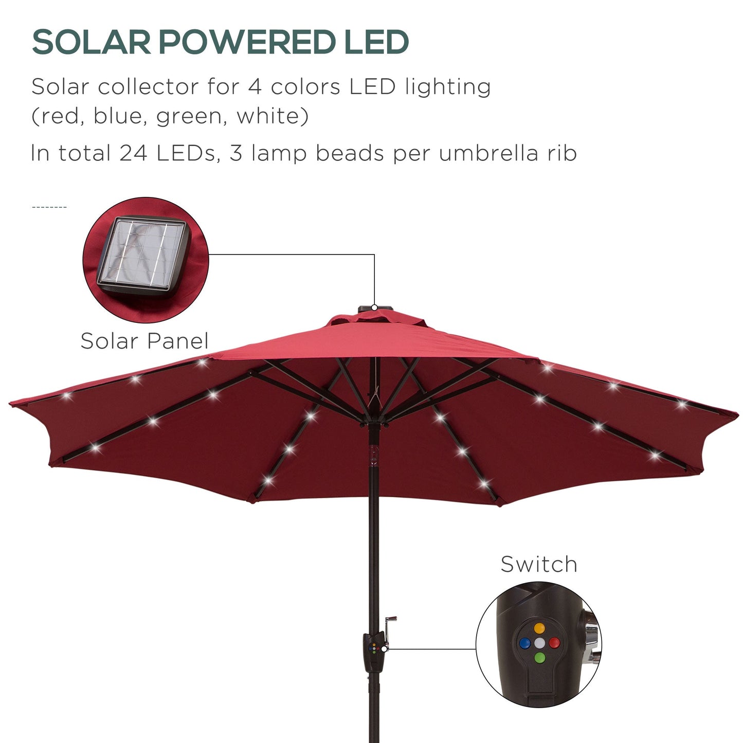 Outsunny Φ2.7m Garden 24 LED Light Parasol Solar Outdoor Tilt Sun Umbrella Patio Club Party Event Manual Sun Shade w/ Hand Crank and 8 Ribs Red