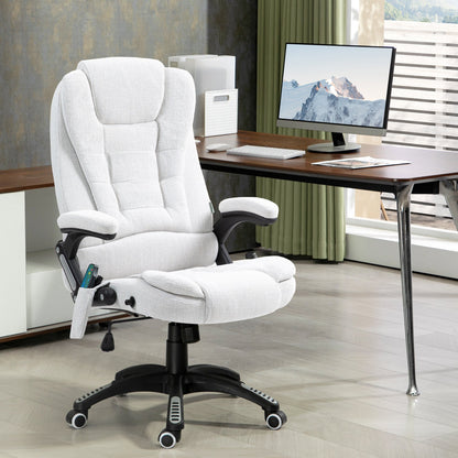 Vinsetto Massage Recliner Chair Heated Office Chair with Six Massage Points Linen-Feel Fabric 360¡ Swivel Wheels Cream White