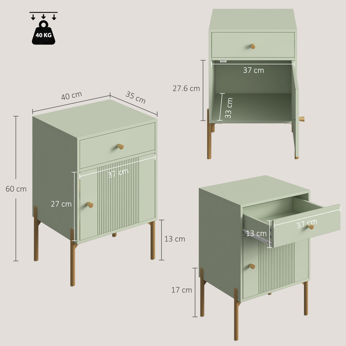 HOMCOM Modern End Table Set of 2, Side Tables with Drawer, Cabinet and Metal Legs for Living Room, Bedroom, Light Green