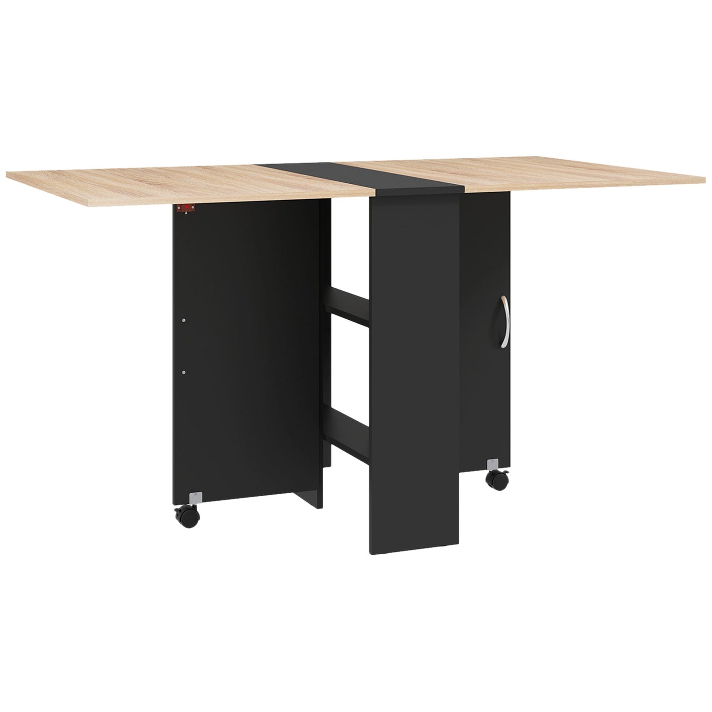 HOMCOM Folding Dining Table, Drop Leaf Table with 2-Tier Shelves, Rolling Casters, for Small Spaces, Kitchen, Oak and Black